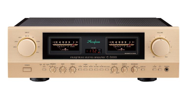 Frontansicht des Accuphase E-3000 Stereo-Vollverstärkers mit symmetrischem Aufbau und AAVA-Lautstärkeregelung