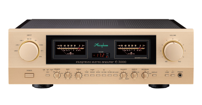 Frontansicht des Accuphase E-3000 Stereo-Vollverstärkers mit symmetrischem Aufbau und AAVA-Lautstärkeregelung